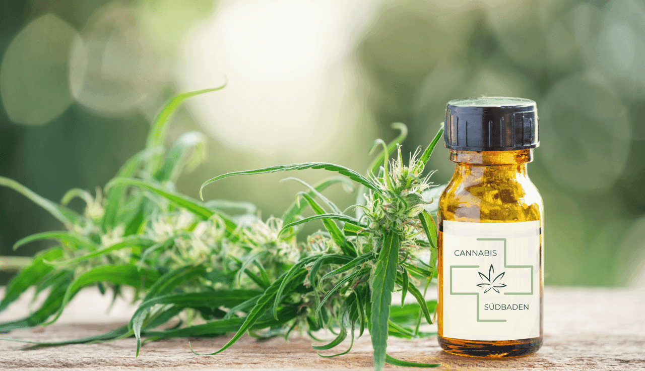 Cannabis-Extrakt in einer Pipettenflasche, umgeben von Cannabis-Blättern.